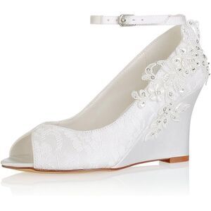 Women’s Lace Peep Toe Flowers Detail Wedge Ankle Strap Bridal Shoes size 4-4.5